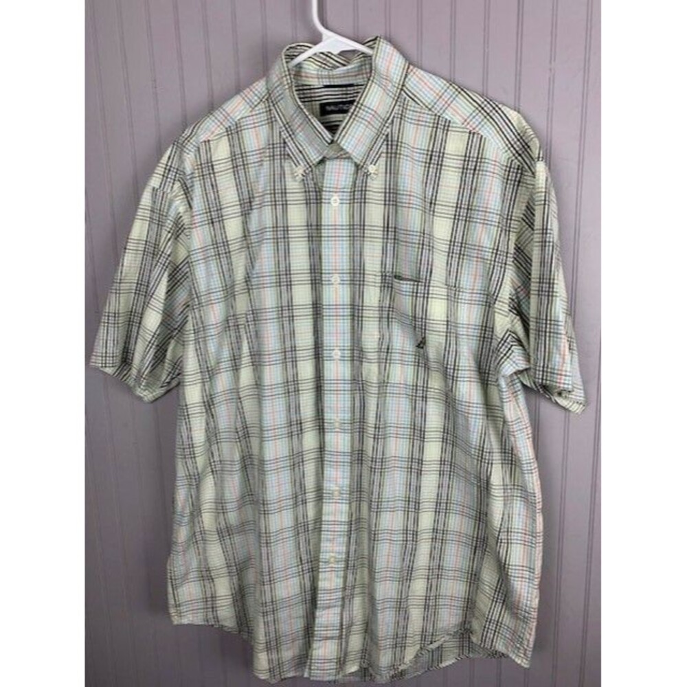 Nautica Size L Men Short Sleeve Green Plaid Shirt Button Down 80s Two Ply Cotton